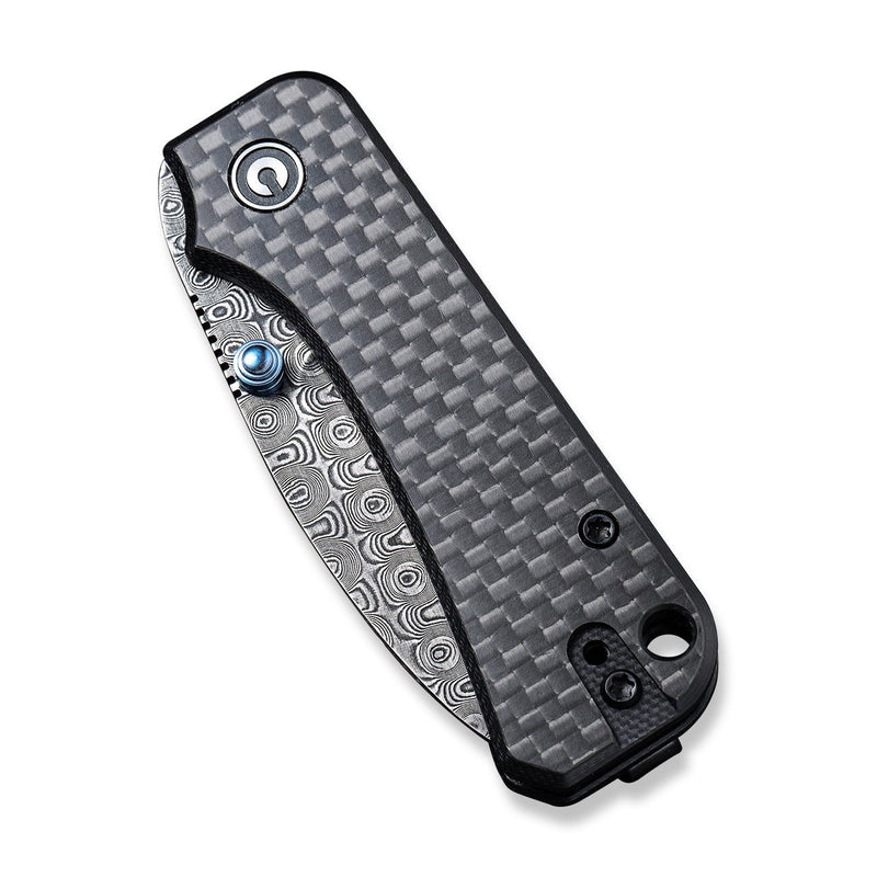 CIVIVI Baby Banter Thumb Stud Knife Twill Carbon Fiber Overlay On Black G10 Handle (2.34" Black Hand Rubbed Damascus Blade) C19068S-DS1