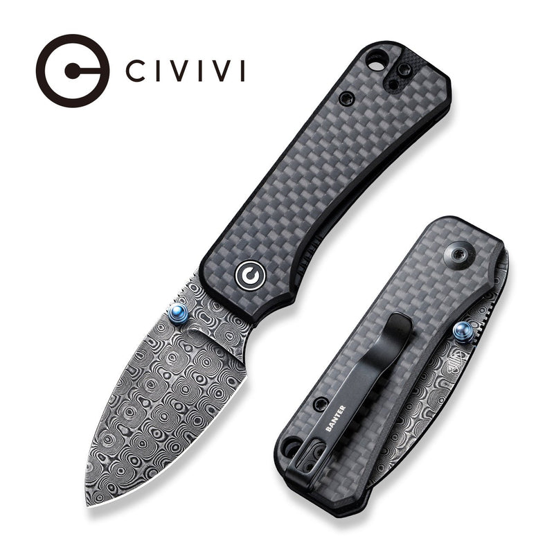 CIVIVI Baby Banter Thumb Stud Knife Twill Carbon Fiber Overlay On Black G10 Handle (2.34" Black Hand Rubbed Damascus Blade) C19068S-DS1