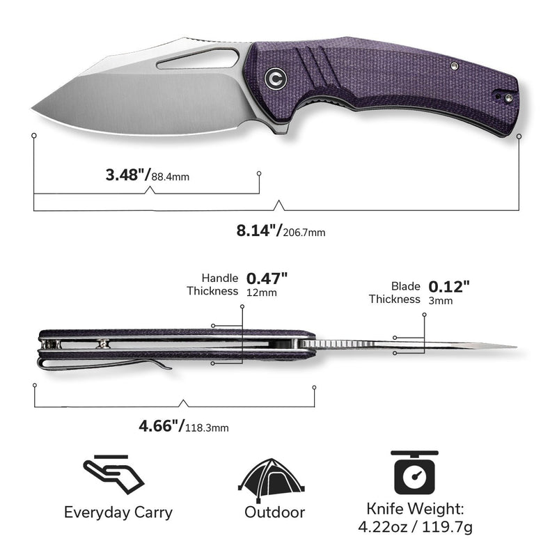 CIVIVI BullTusk Flipper & Thumb Hole Knife Purple Canvas Micarta Handle (3.48" Satin Finished 14C28N Blade) C23017-3