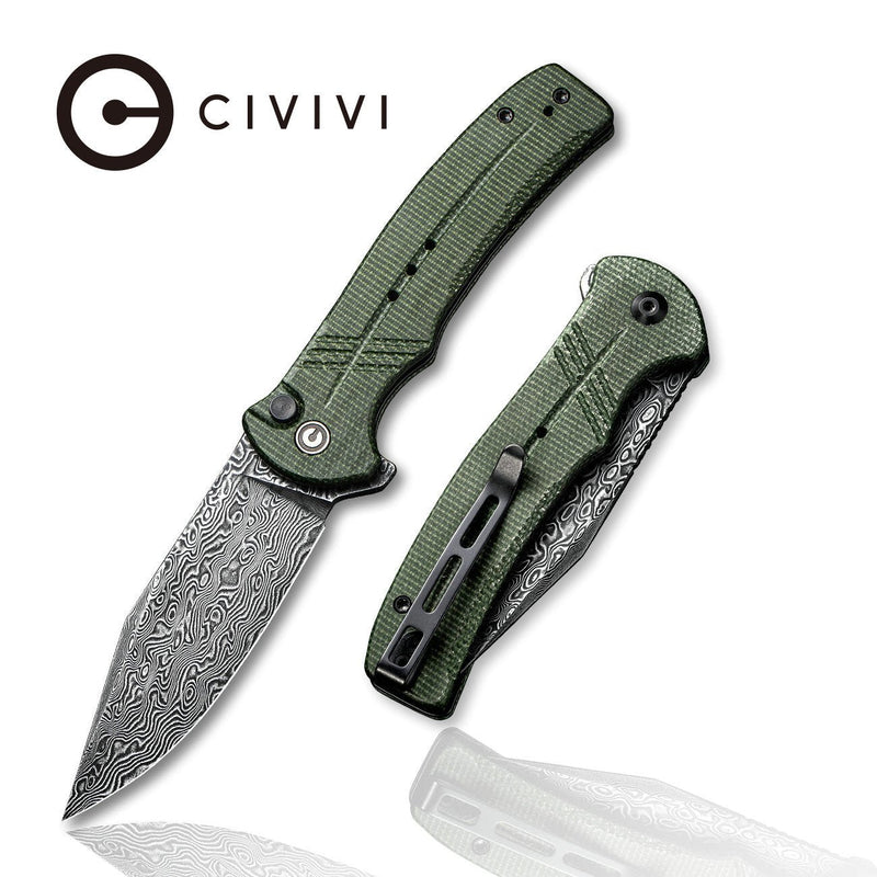 CIVIVI Cogent Flipper And Button Lock Knife Micarta Handle (3.47" Damascus Blade) C20038D-DS1