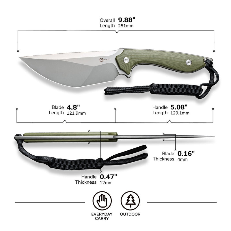 CIVIVI Concept 22 Fixed Blade Knife OD Green G10 Handle (4.8" Silver Bead Blasted D2 Blade) C21047-2