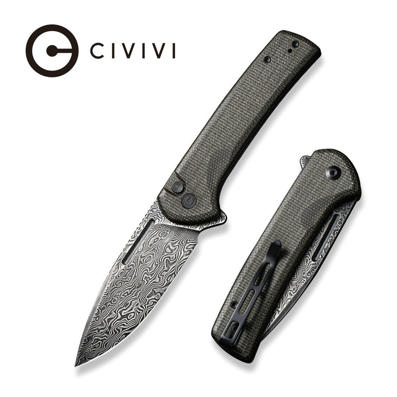 CIVIVI Conspirator Flipper And Button Lock Knife Micarta Handle (3.48" Damascus Blade) C21006-DS1