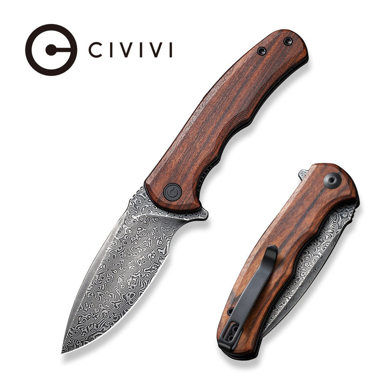 CIVIVI Mini Praxis Flipper Knife Guibourtia Wood Handle (2.98" Black Hand Rubbed Damascus Blade) C18026C-DS1