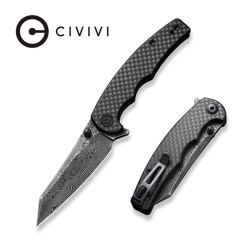 CIVIVI P87 Folder Flipper Knife Carbon Fiber Overlay On G10 Handle (2.90" Damascus Blade) C21043-DS1