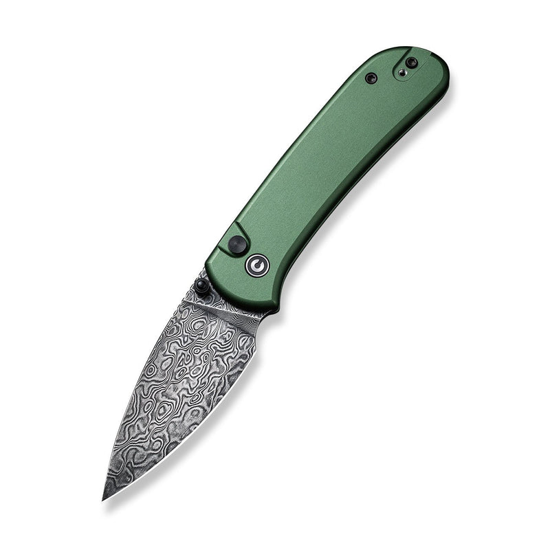 CIVIVI Qubit Button Lock Knife Green Aluminum Handle (2.98" Black Hand Rubbed Damascus Blade) C22030E-DS1