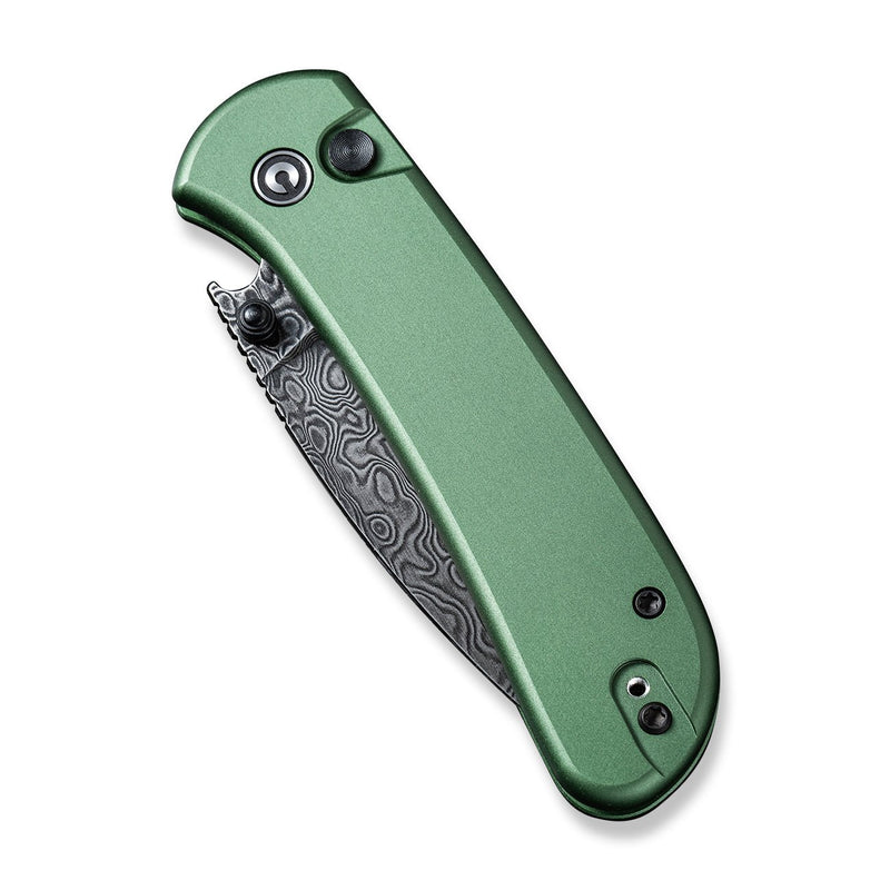 CIVIVI Qubit Button Lock Knife Green Aluminum Handle (2.98" Black Hand Rubbed Damascus Blade) C22030E-DS1