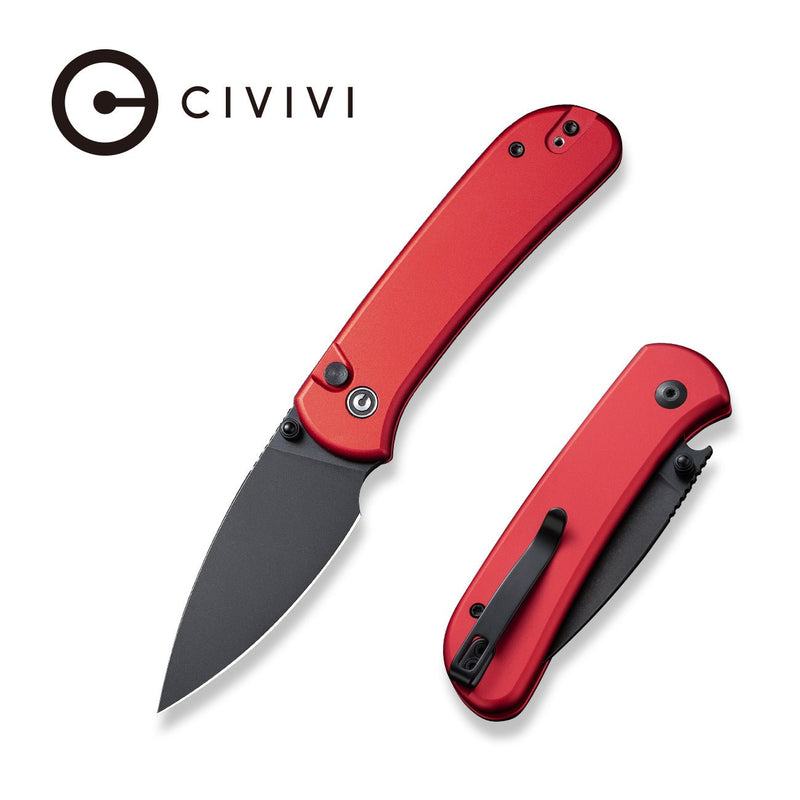 CIVIVI Qubit Button Lock Knife Red Aluminum Handle (2.98" Black Stonewashed 14C28N Blade) C22030E-2